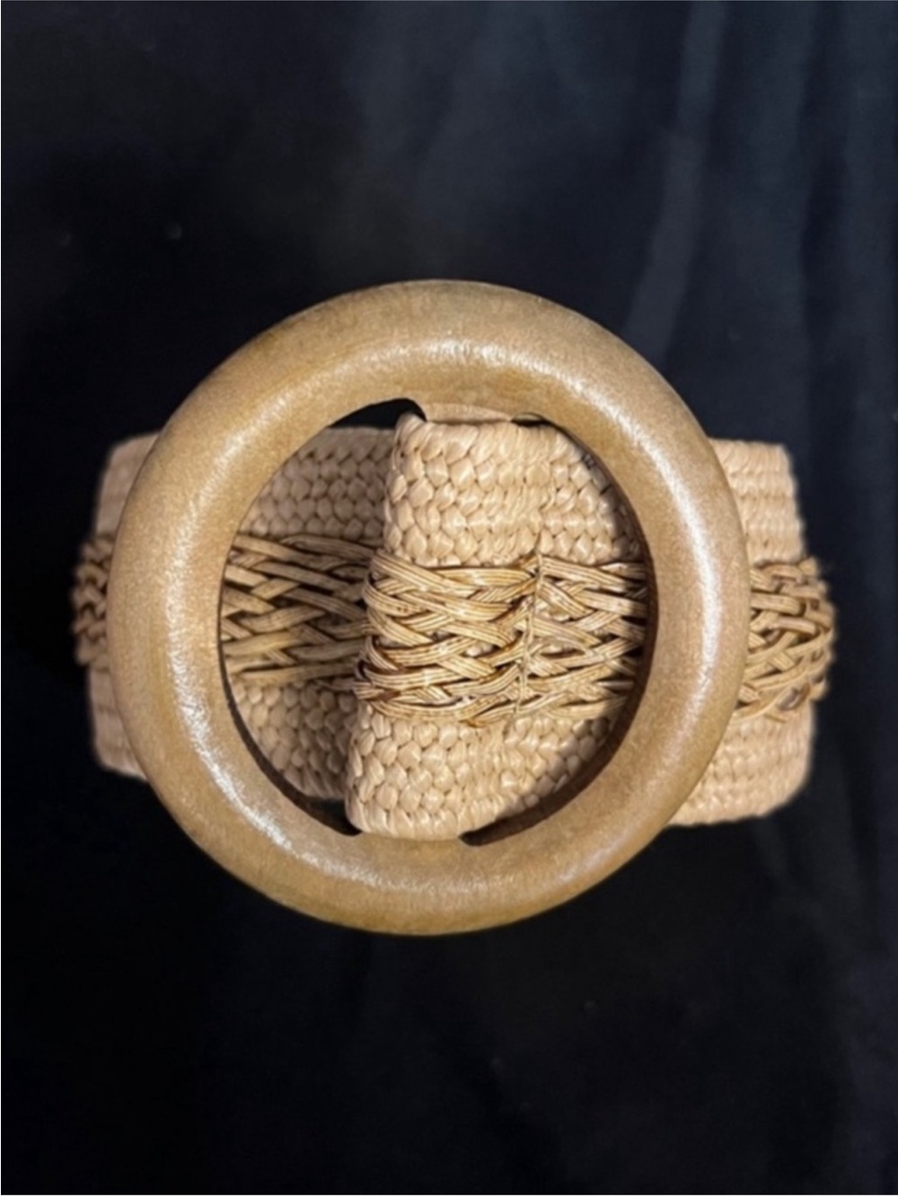 Woven Straw Circle-Buckle Waist Belt - Beige